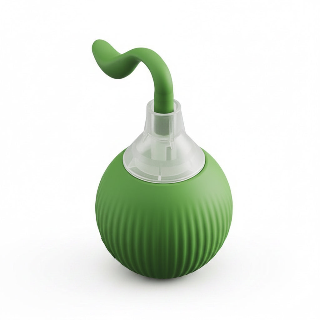 Green ball with a curved handle on a white background