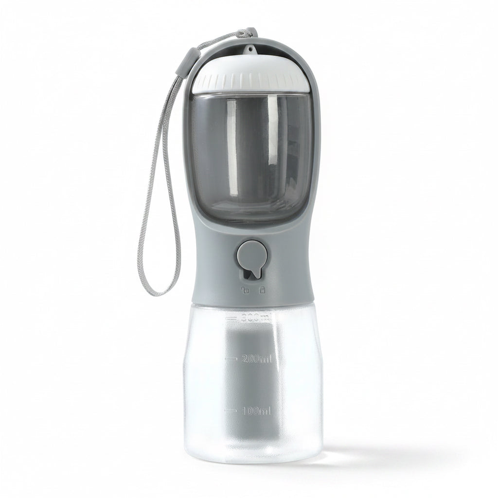 Portable pet water bottle with a clear container and gray base on a white background