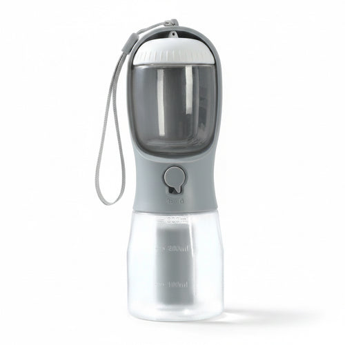 Portable pet water bottle with a clear container and gray base on a white background