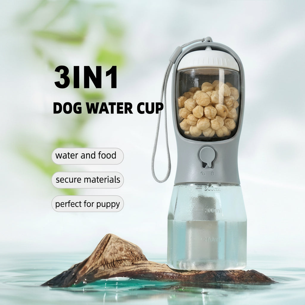 3-in-1 dog water cup with food compartment on a natural background