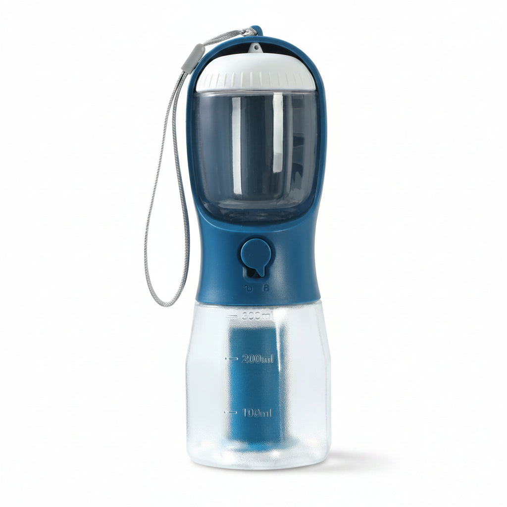 Blue and clear portable pet water bottle with a white cap on a white background