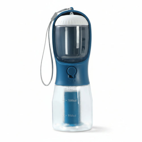 Blue and clear portable pet water bottle with a white cap on a white background